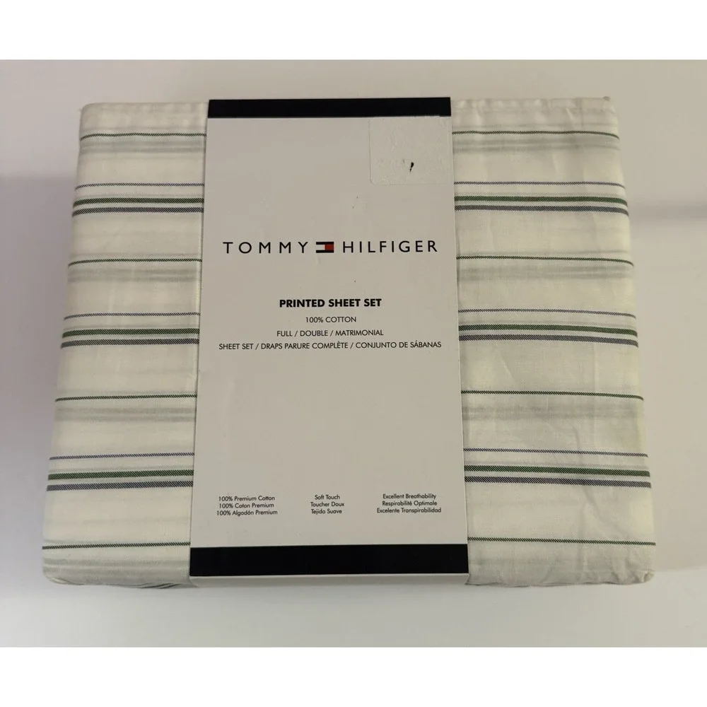 NEW Tommy Hilfiger Green White Stripe Cotton FULL Sheet Set 4pc